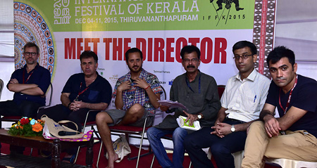 French filmmaker Laurent Larivi, Shakhwan Idris (Kurdish), Daniel Molro (Peru), Hadi Mohaghesh (Iran) during the interactive session named 'Meet the directors' at Tagore theatre premises (Sitting from left to right)