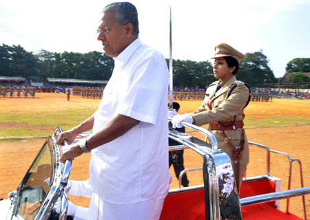Chief Minister Pinarai Vijayan inspecting Independence Day Parade in Thiruvananthapuram on Monday