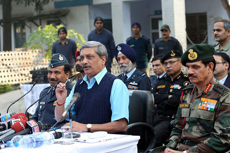 Defence Minister Manohar Parrikar addressing Press Conference at Pathankot