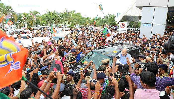 BJP president Amit Shah on arrival at Kozhikode airport on Thursday