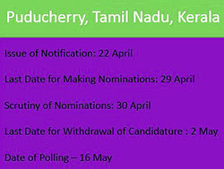 Election Schedule for Kerala, Tamil Nadu, Puducherry
